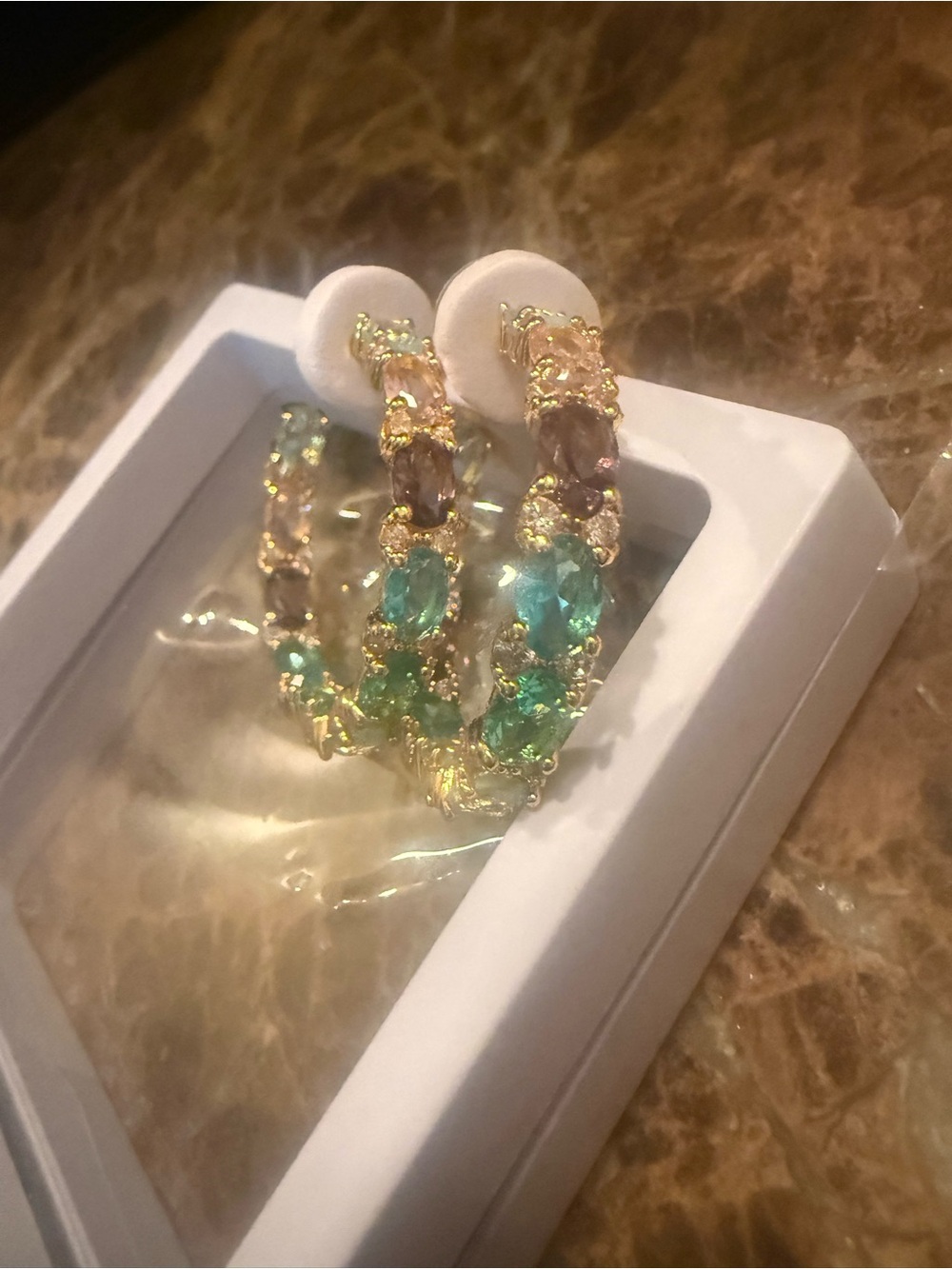Gold-Plated Multi-Gem Hoop Earrings in Green and Purple